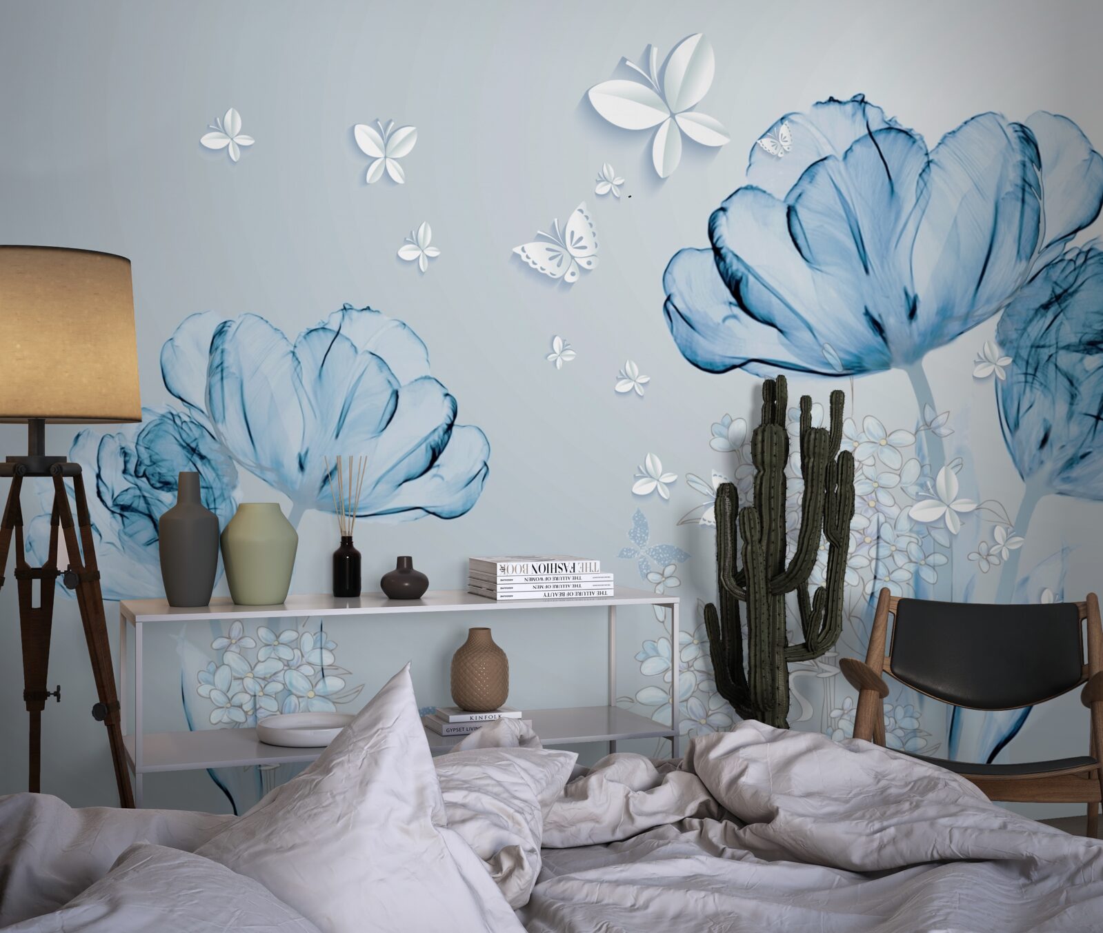 Fotobehang blauwe bloemen en heldere vlinders