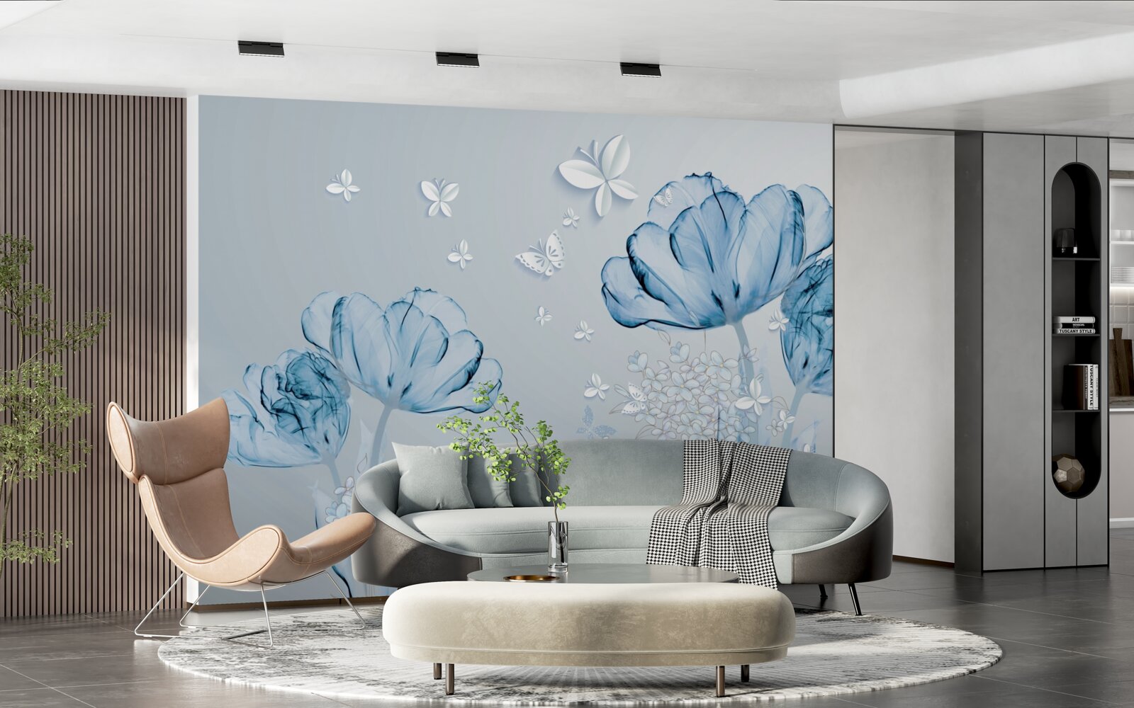 Fotobehang blauwe bloemen en heldere vlinders