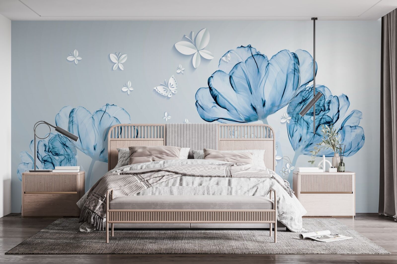 Fotobehang blauwe bloemen en heldere vlinders