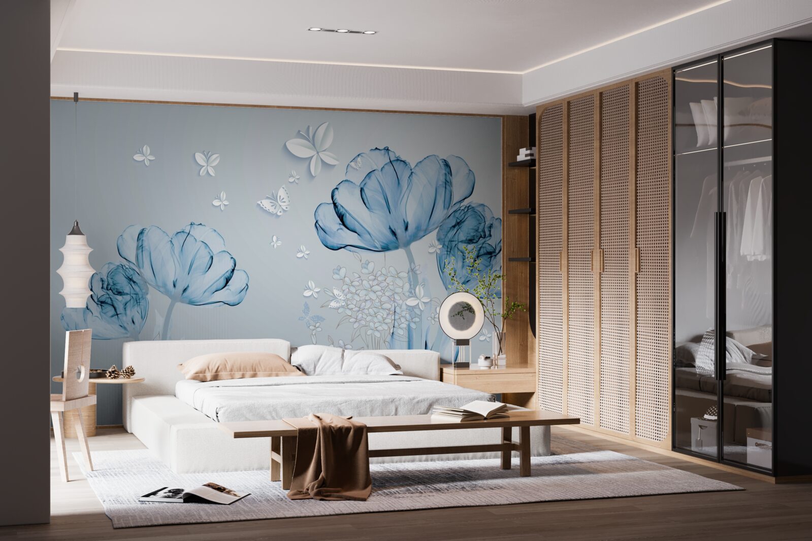 Fotobehang blauwe bloemen en heldere vlinders