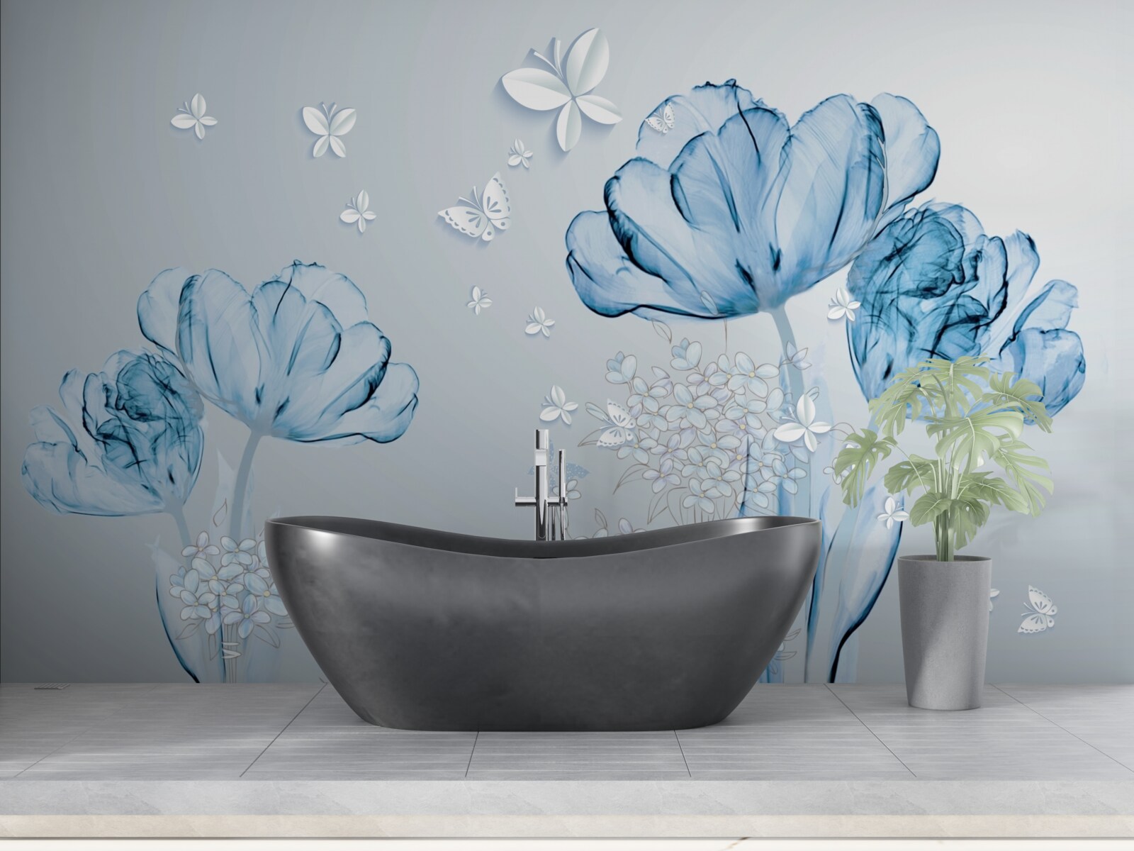 Fotobehang blauwe bloemen en heldere vlinders