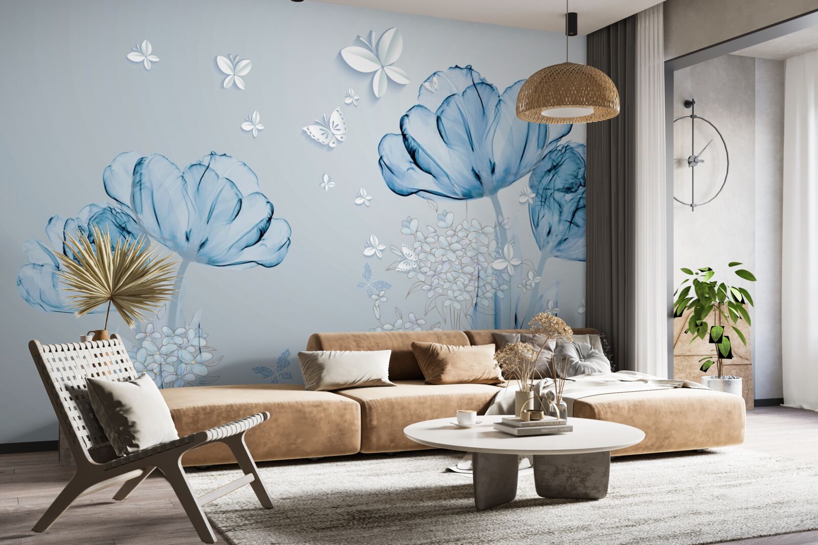 Fotobehang blauwe bloemen en heldere vlinders