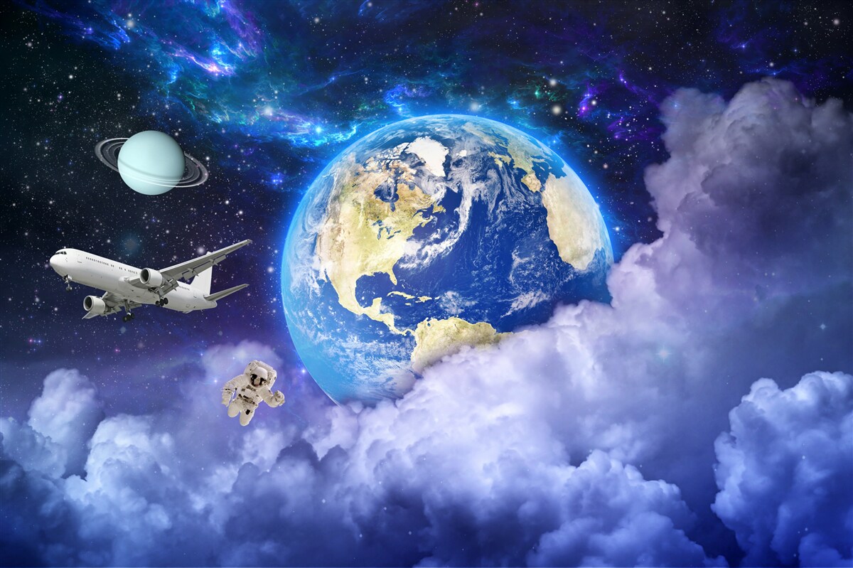 Fotobehang vliegtuig en astronaut in de ruimte