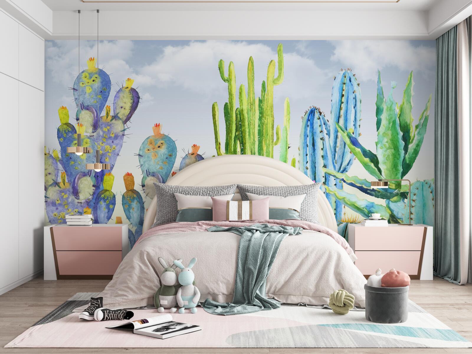 Fotobehang grote cactussen in verschillende kleuren