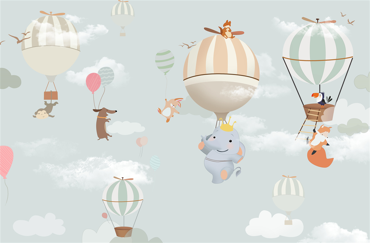 Fotobehang dieren zweven op ballonnen en ballonnen