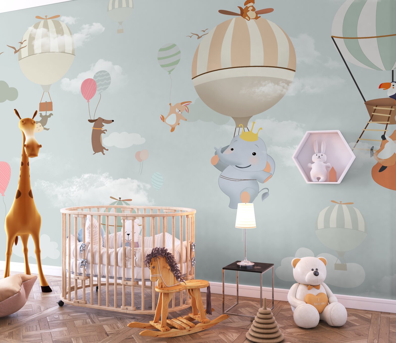 Fotobehang dieren zweven op ballonnen en ballonnen