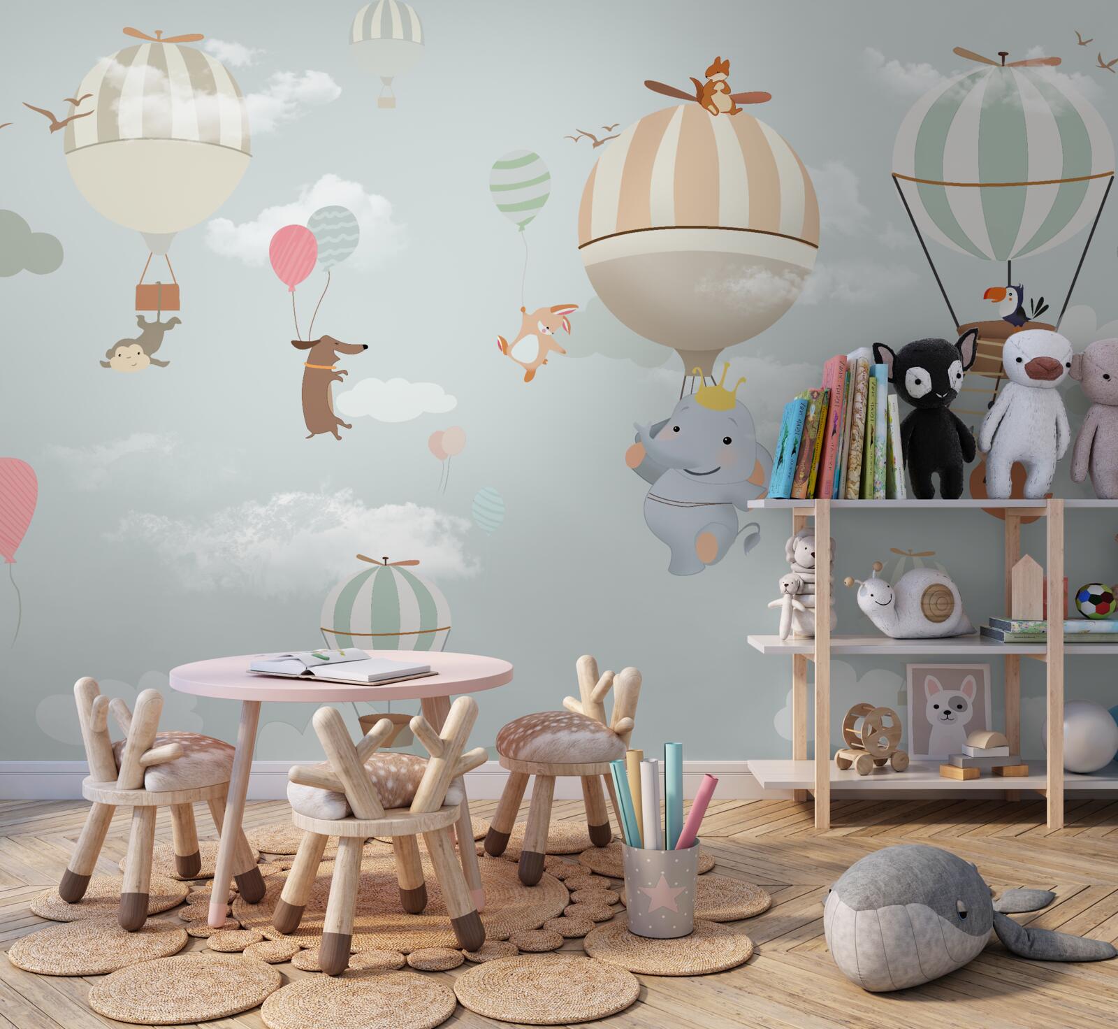 Fotobehang dieren zweven op ballonnen en ballonnen