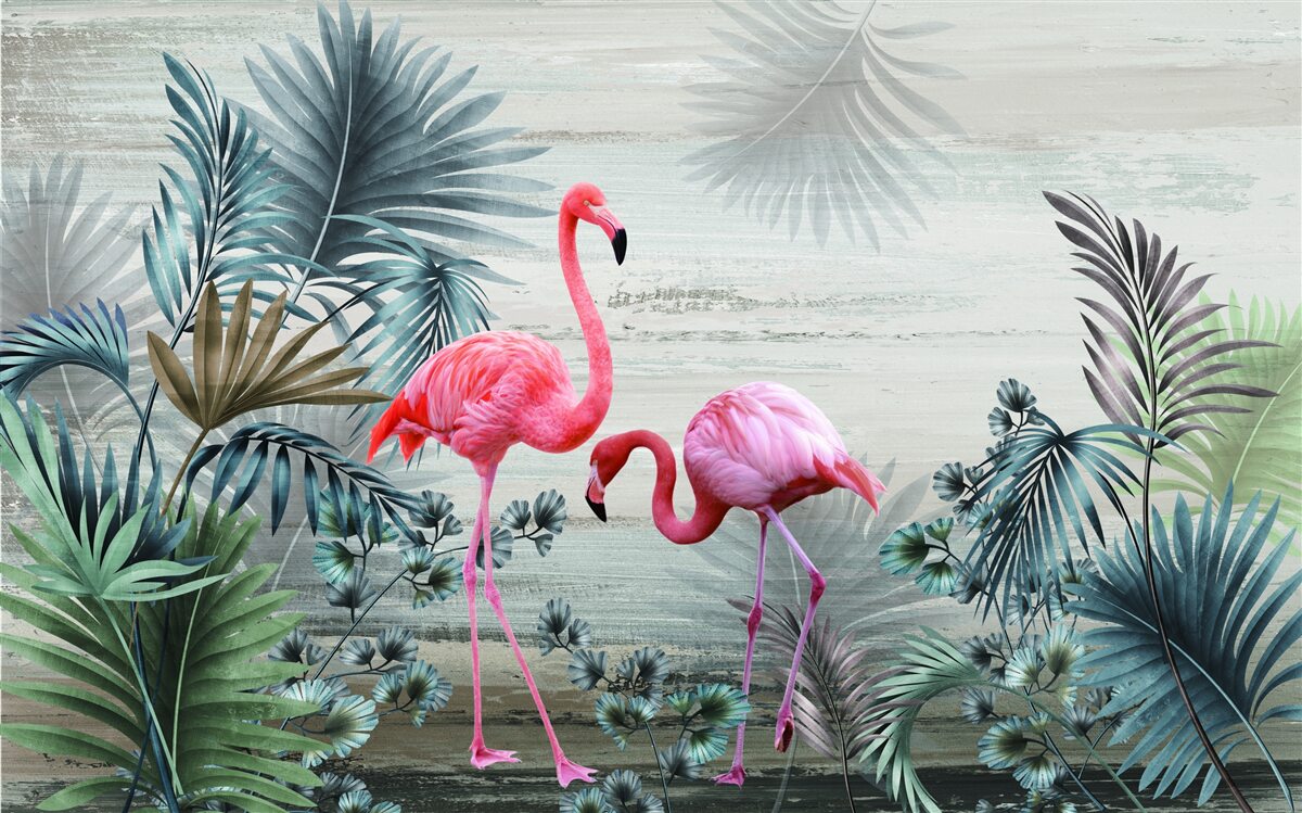 Fotobehang flamingo's in roze tinten tussen groene bladeren