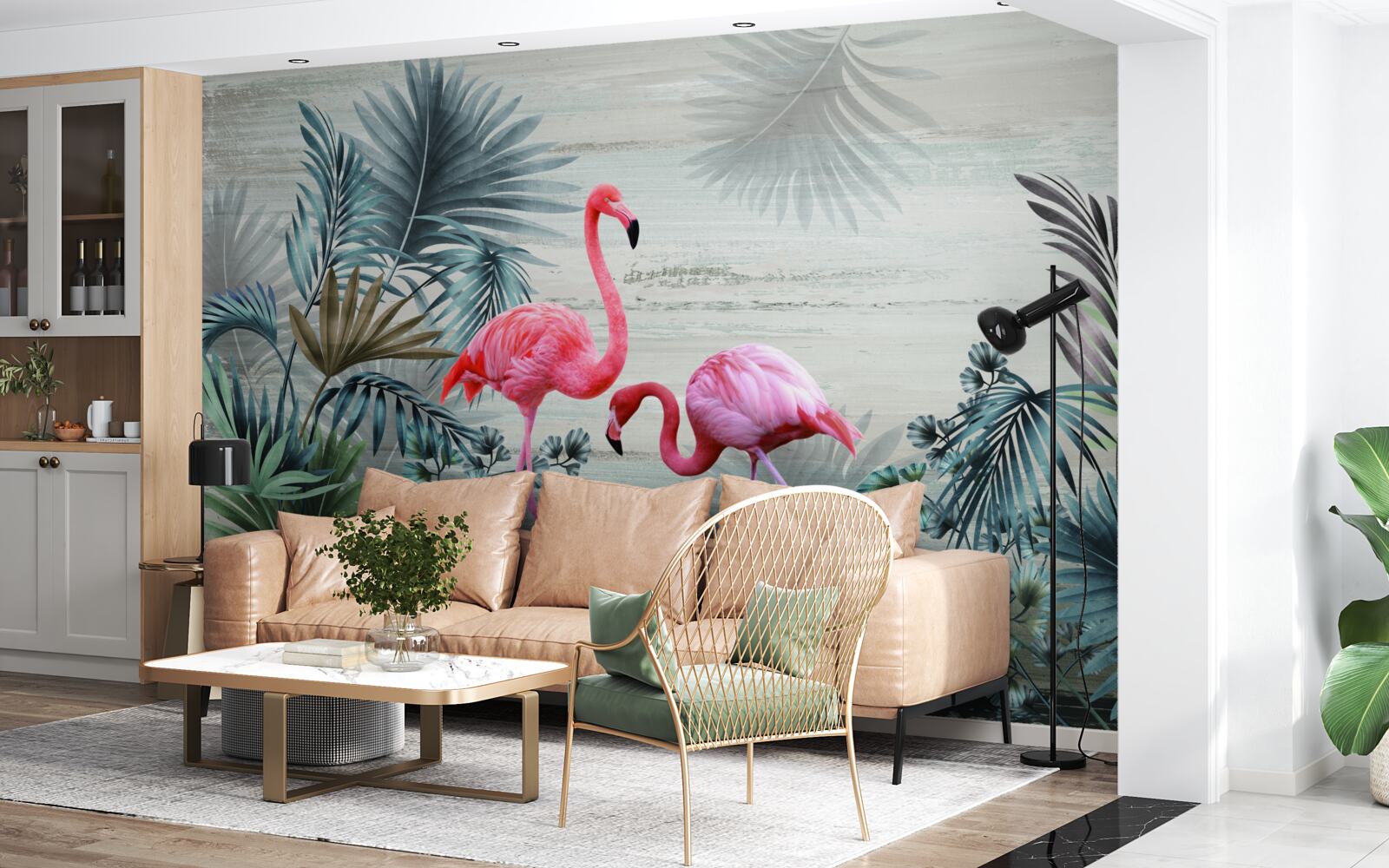 Fotobehang flamingo's in roze tinten tussen groene bladeren