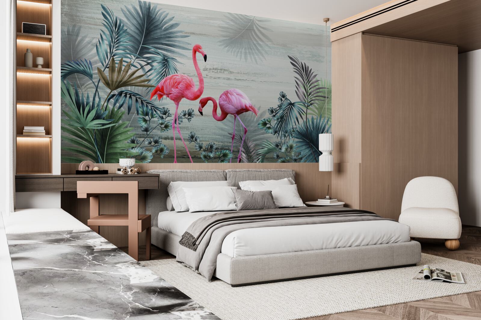 Fotobehang flamingo's in roze tinten tussen groene bladeren