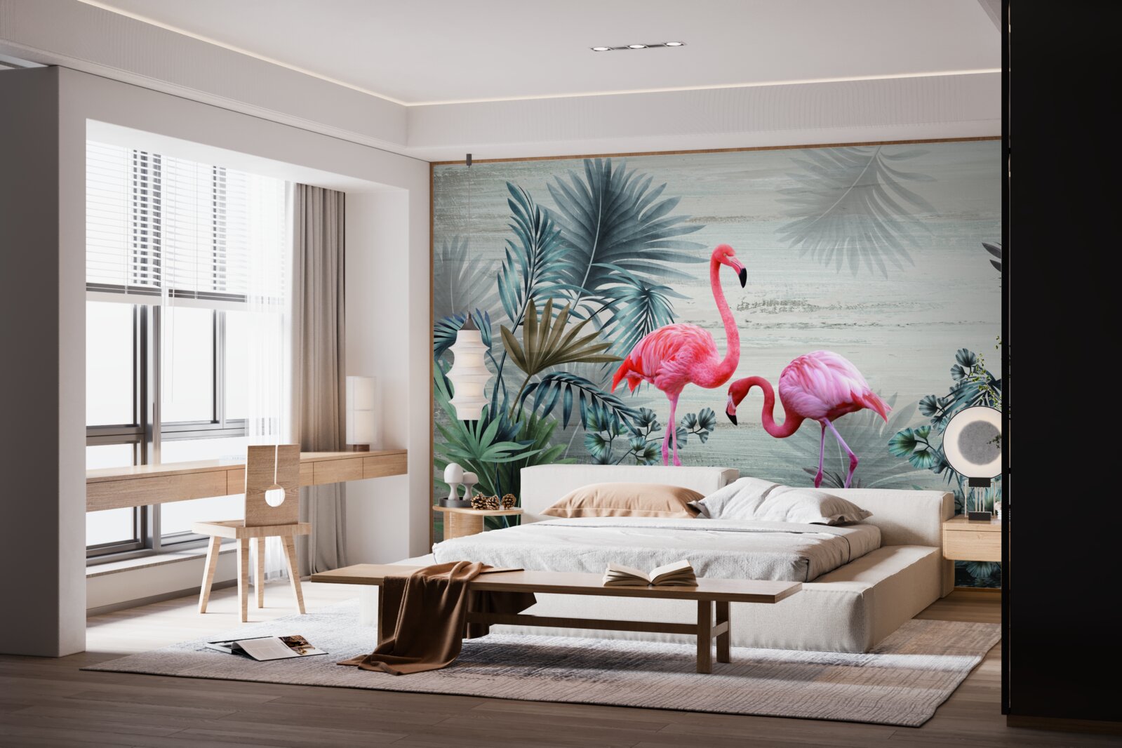 Fotobehang flamingo's in roze tinten tussen groene bladeren