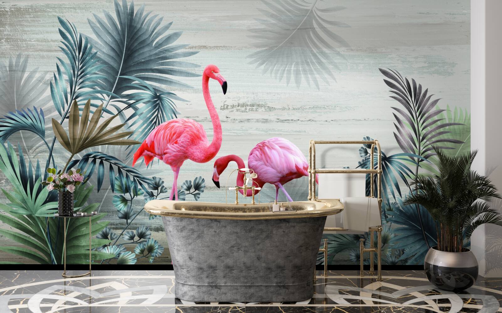 Fotobehang flamingo's in roze tinten tussen groene bladeren