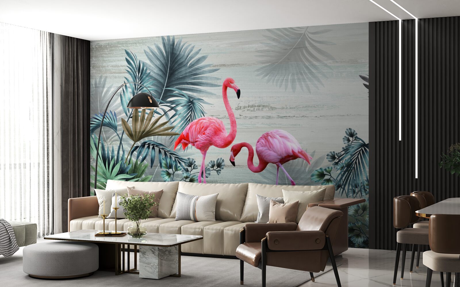 Fotobehang flamingo's in roze tinten tussen groene bladeren