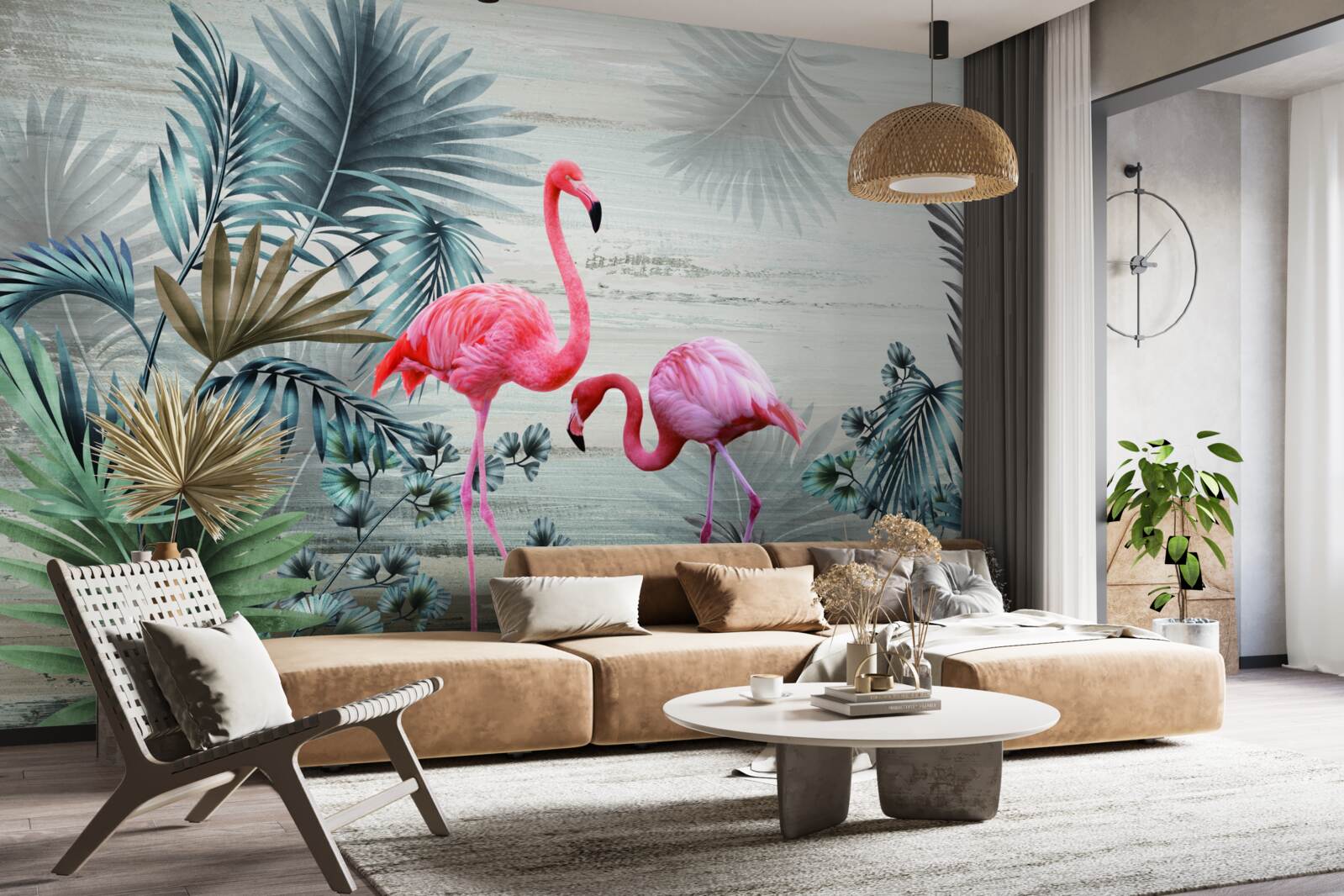 Fotobehang flamingo's in roze tinten tussen groene bladeren