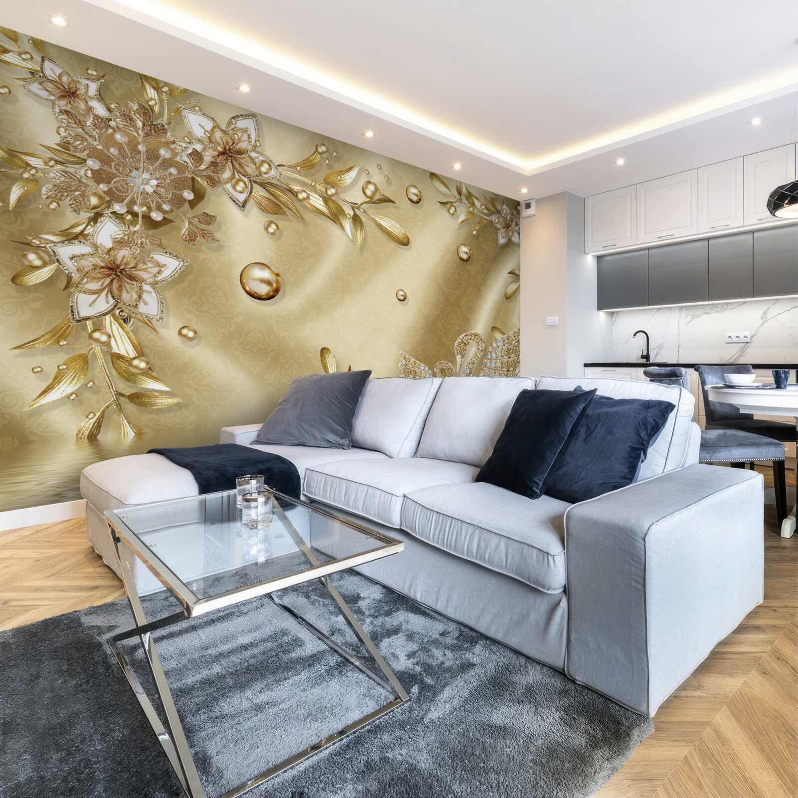 Fotobehang stenen in de vorm van bloemen en zwanen