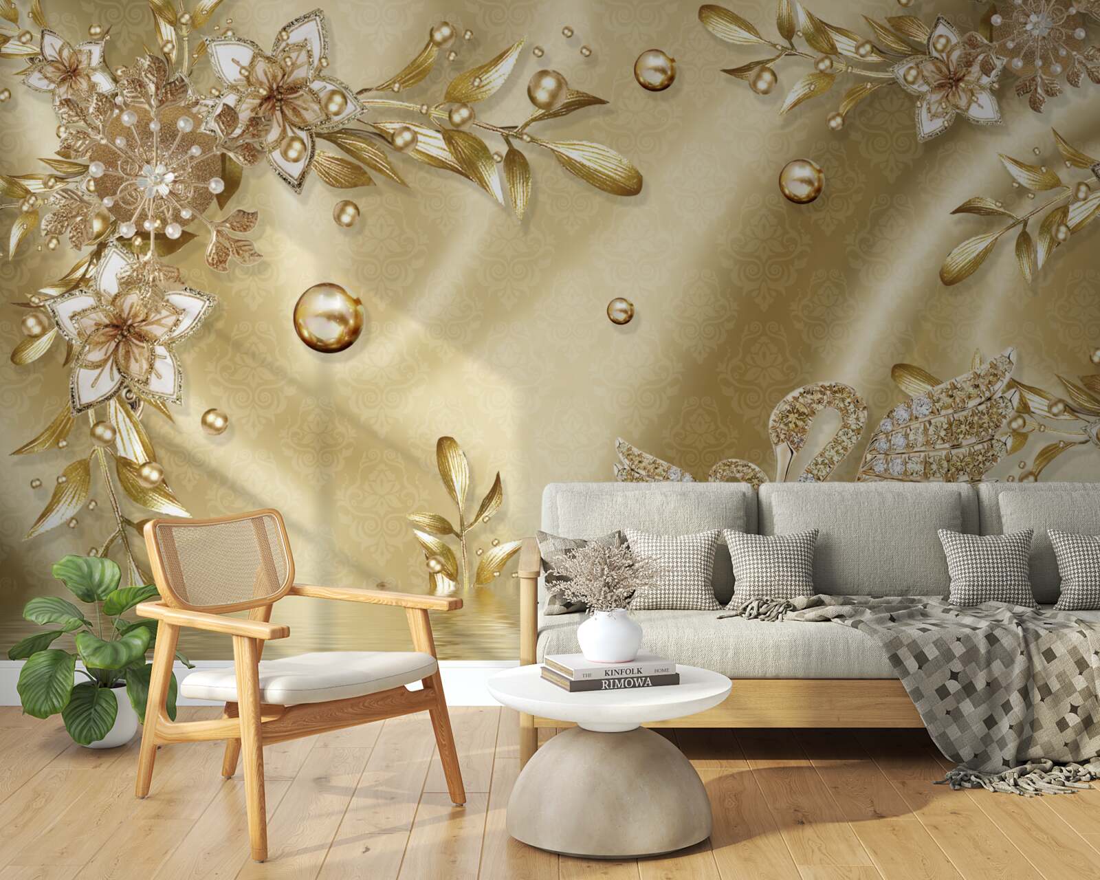 Fotobehang stenen in de vorm van bloemen en zwanen