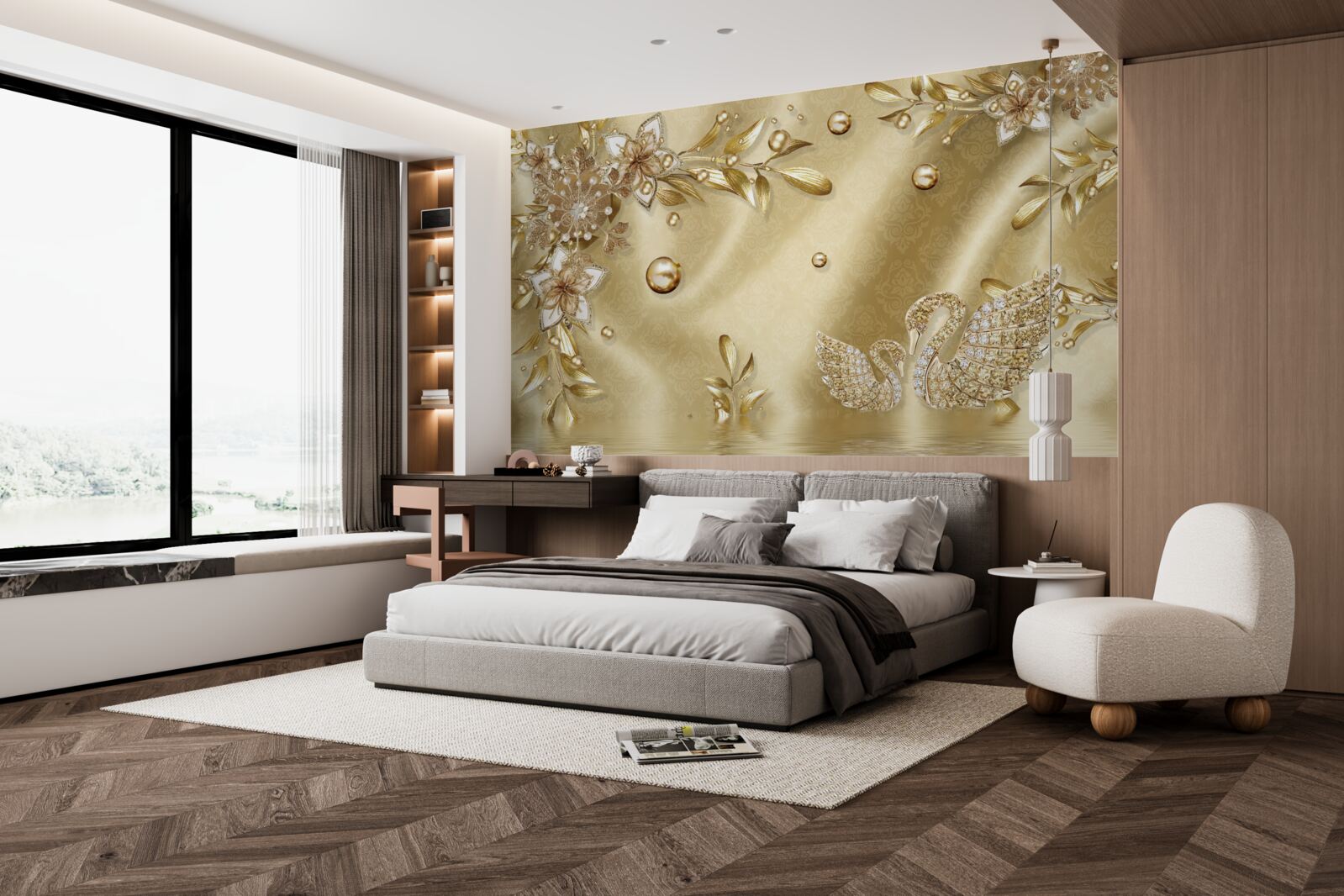 Fotobehang stenen in de vorm van bloemen en zwanen