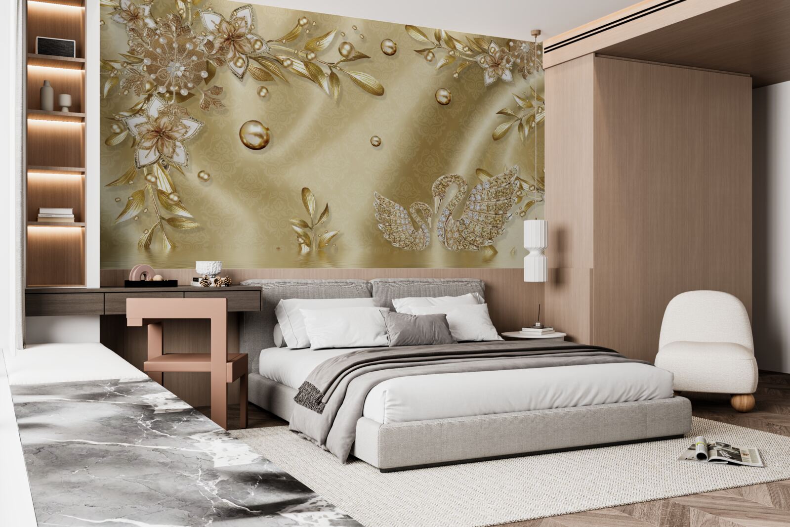 Fotobehang stenen in de vorm van bloemen en zwanen