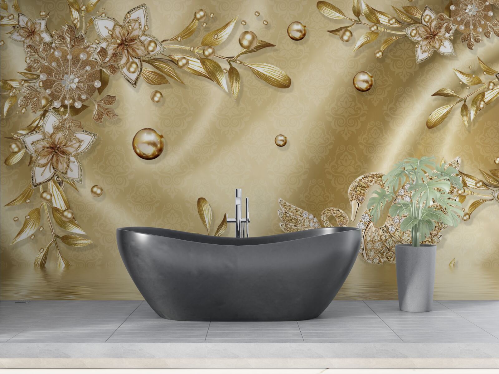 Fotobehang stenen in de vorm van bloemen en zwanen