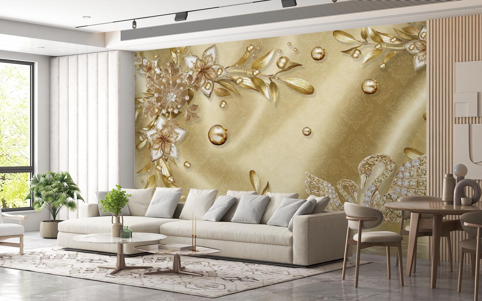 Fotobehang stenen in de vorm van bloemen en zwanen