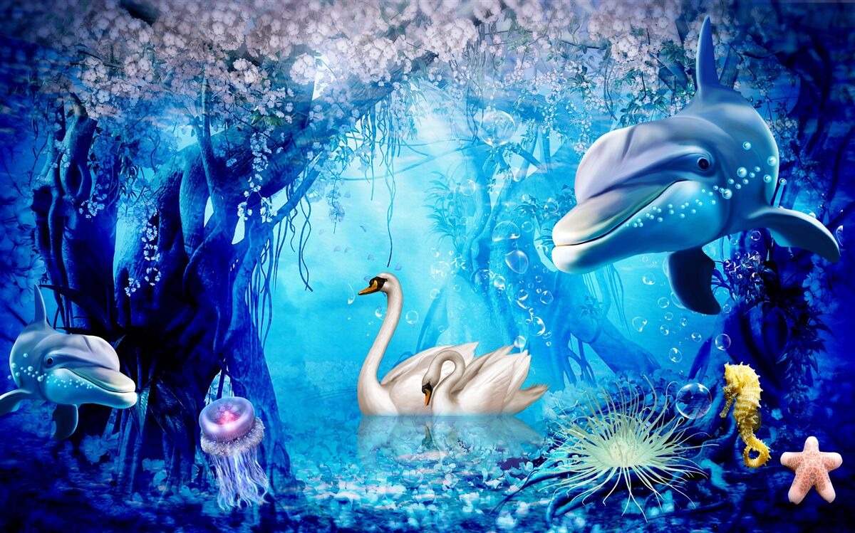 Fotobehang Zwanen en dolfijnen onder water