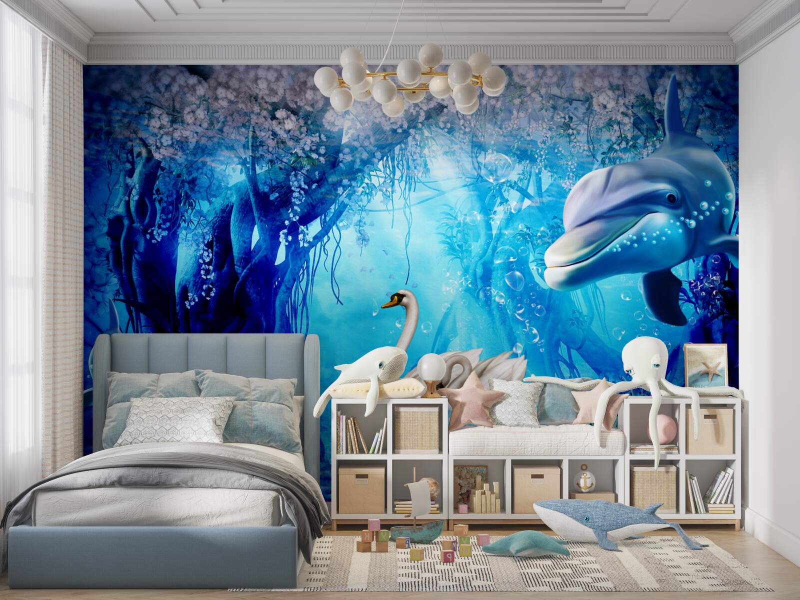 Fotobehang Zwanen en dolfijnen onder water