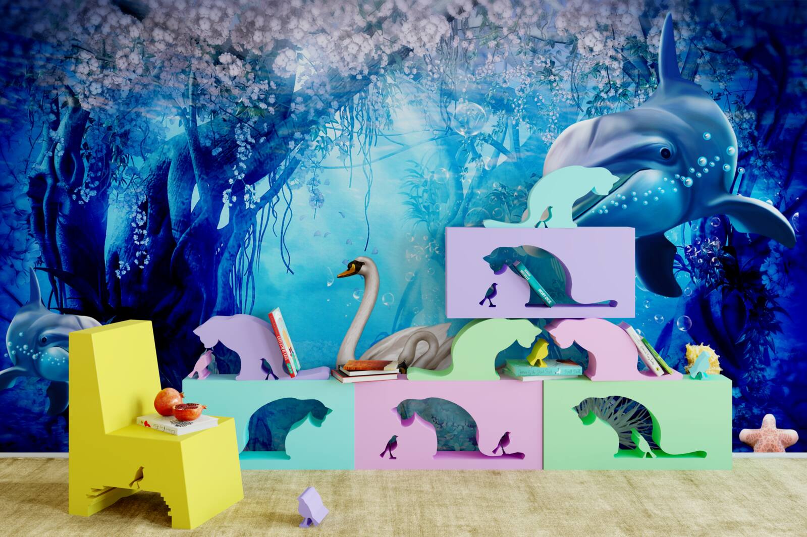 Fotobehang Zwanen en dolfijnen onder water