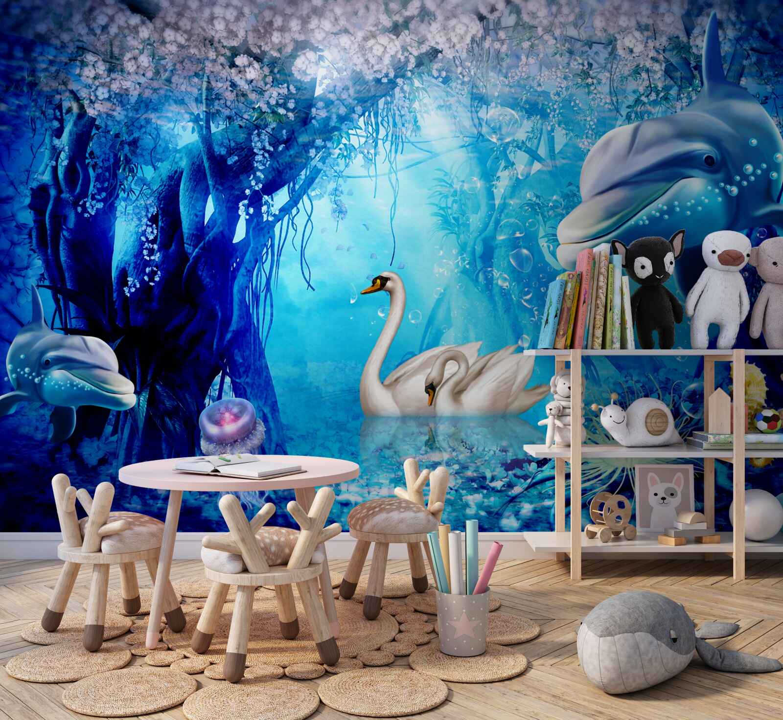 Fotobehang Zwanen en dolfijnen onder water