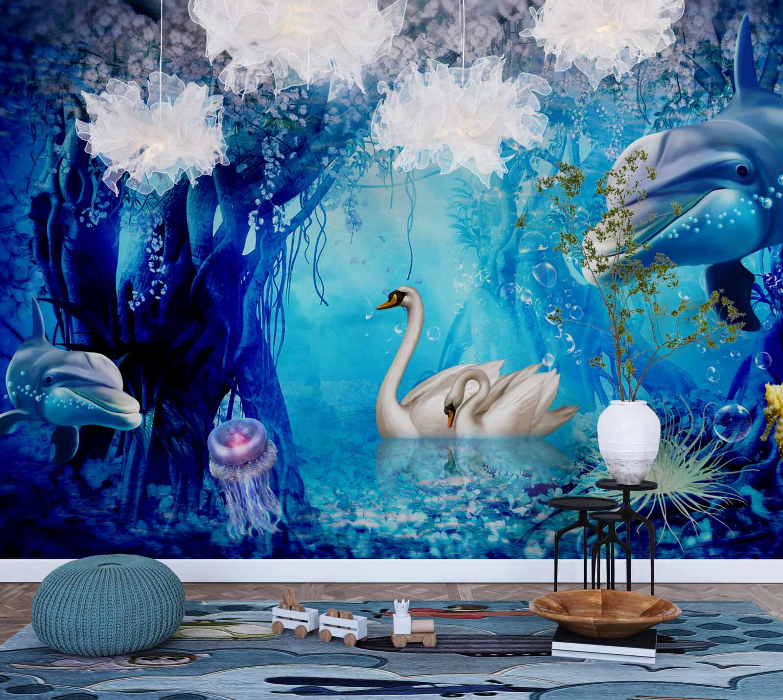 Fotobehang Zwanen en dolfijnen onder water