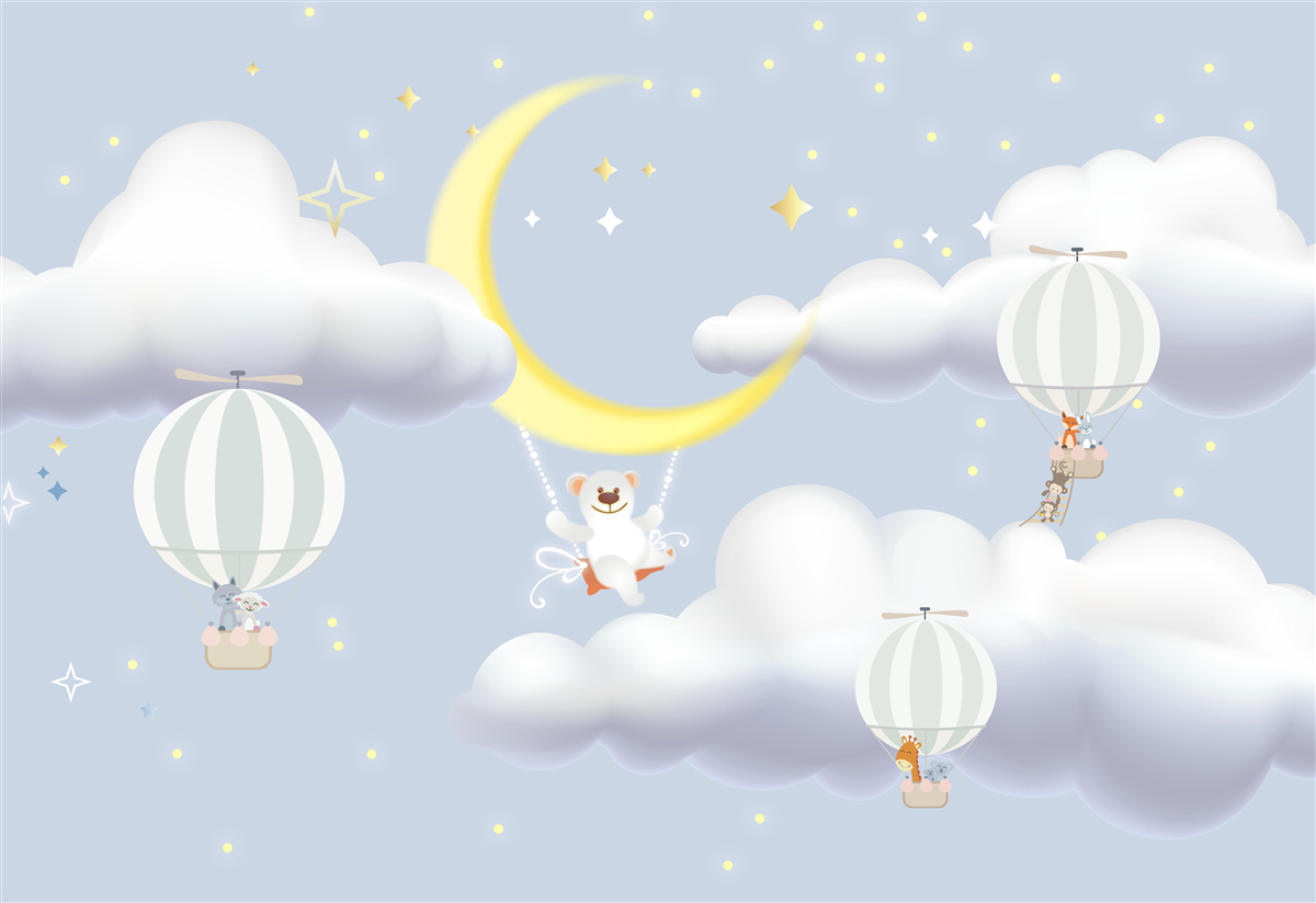 Fotobehang de beer is op de maan en de dieren in luchtballonnen