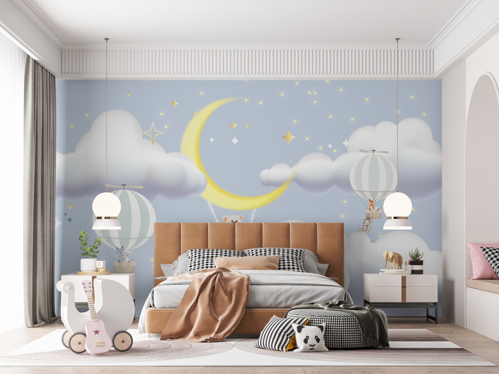 Fotobehang de beer is op de maan en de dieren in luchtballonnen