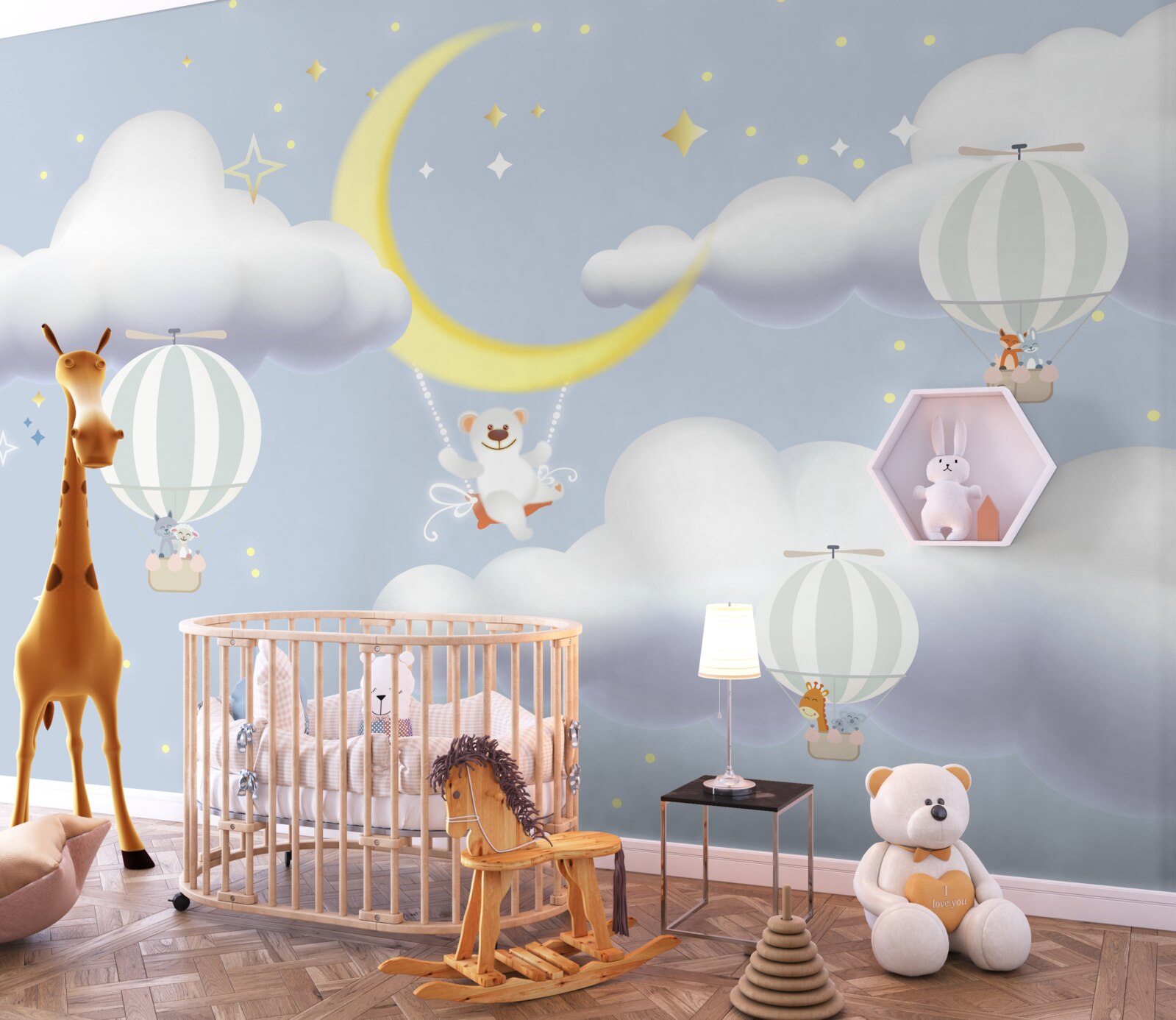 Fotobehang de beer is op de maan en de dieren in luchtballonnen