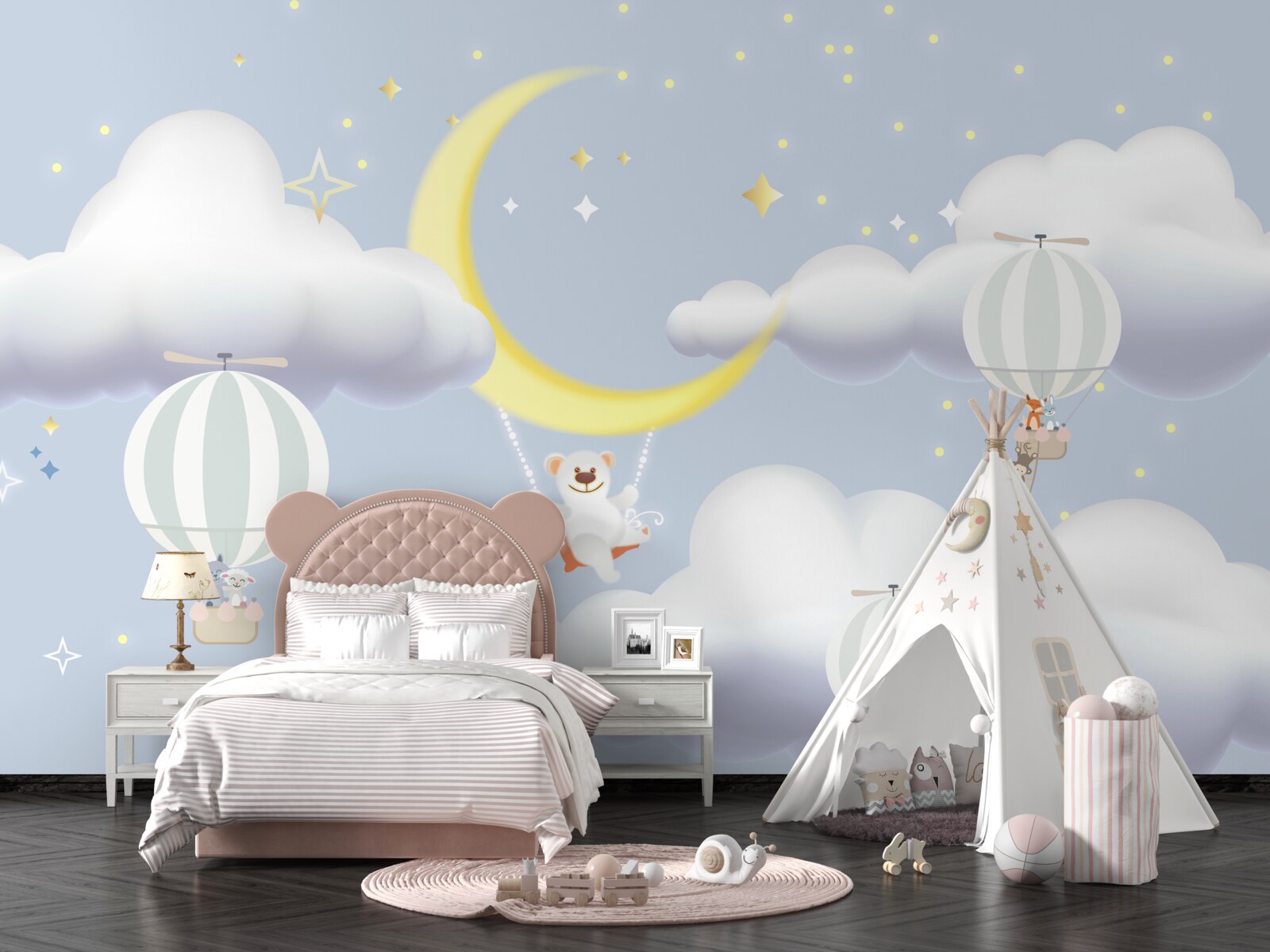 Fotobehang de beer is op de maan en de dieren in luchtballonnen