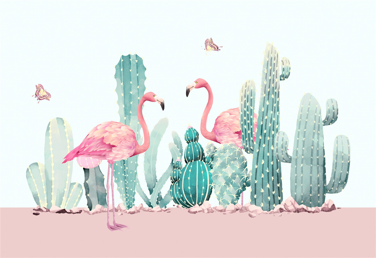 Fotobehang roze flamingo's tussen cactussen