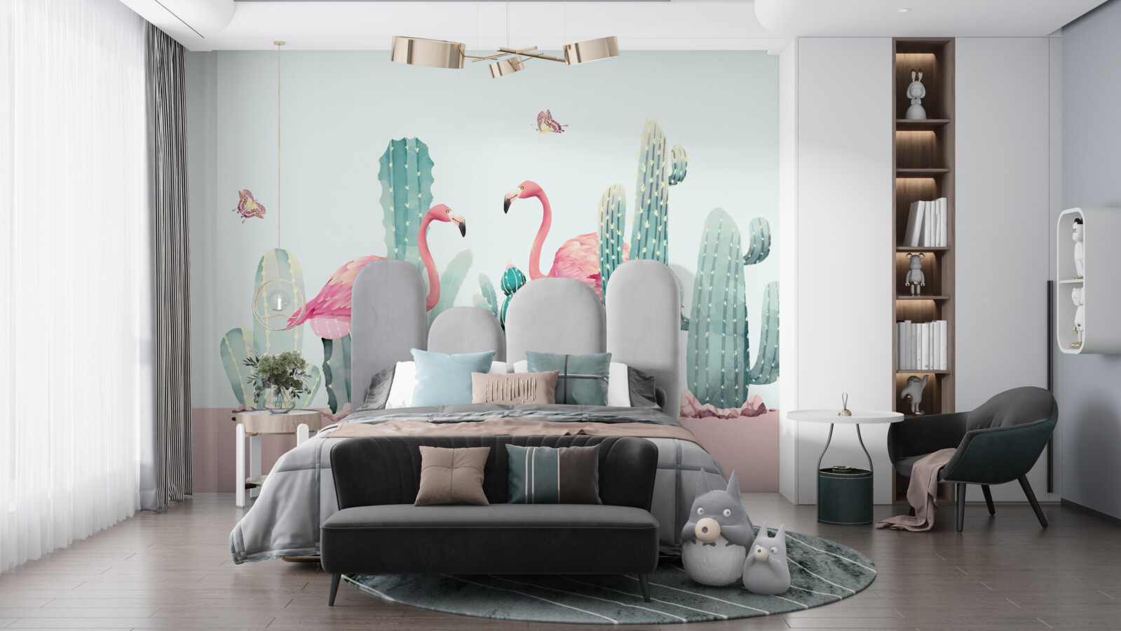 Fotobehang roze flamingo's tussen cactussen