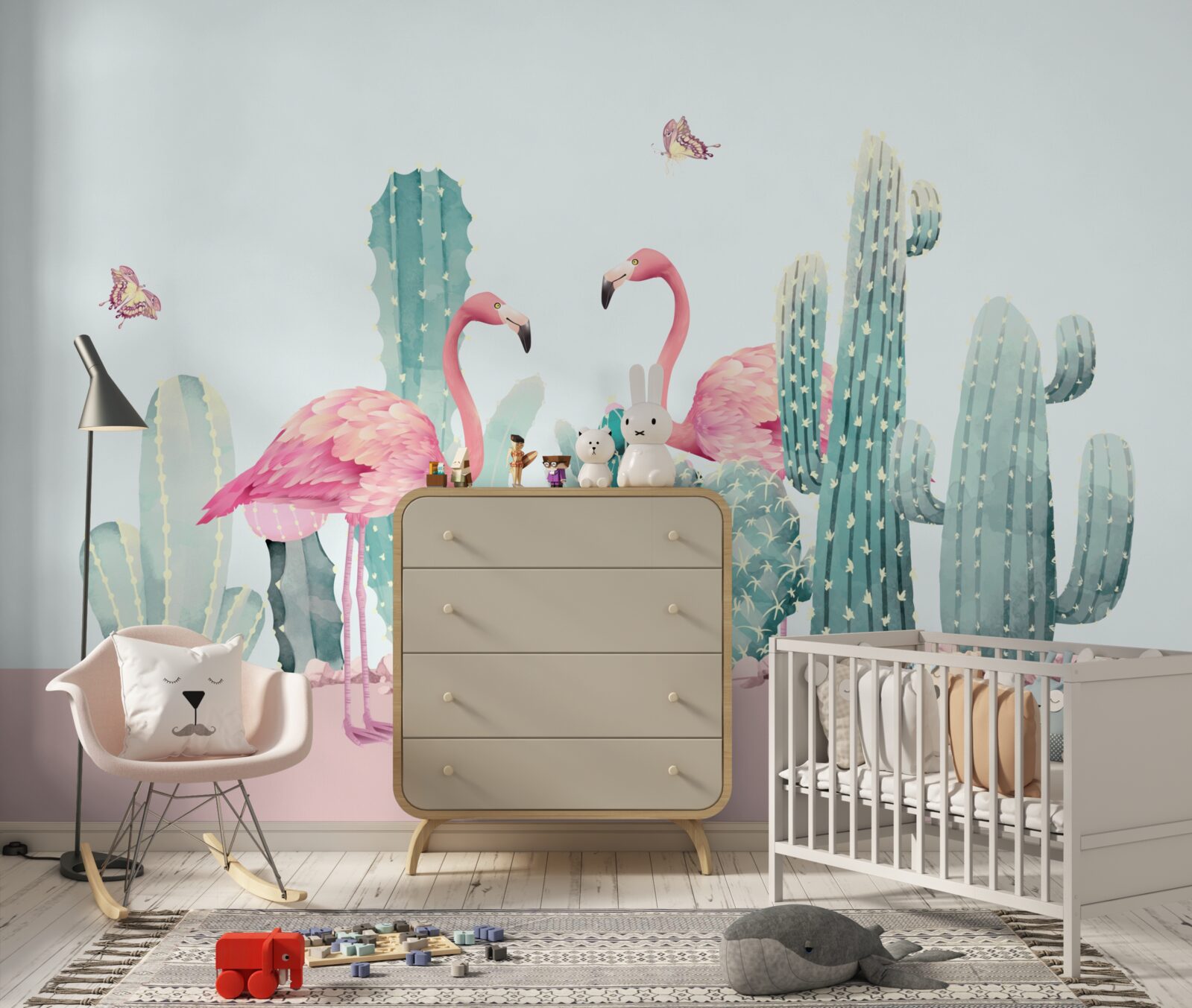 Fotobehang roze flamingo's tussen cactussen