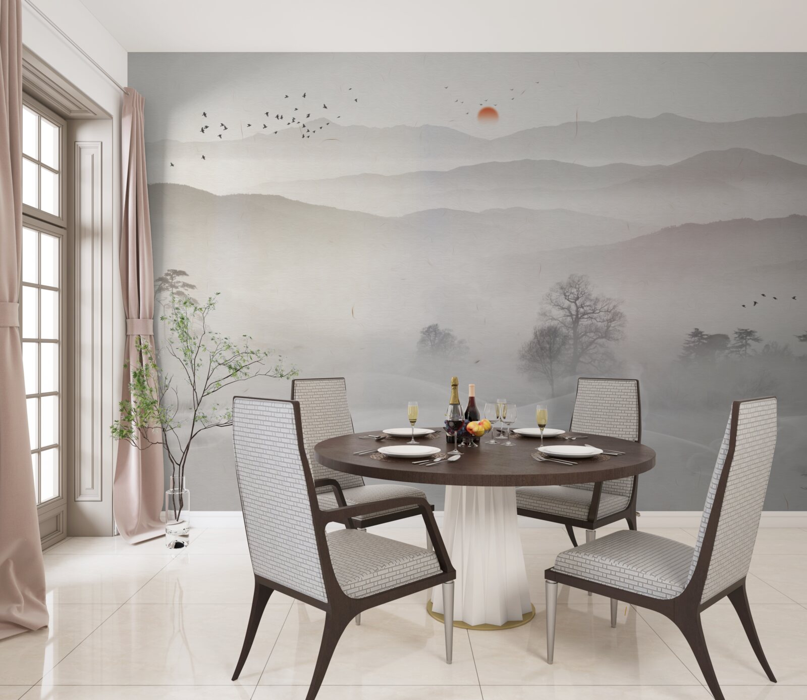 Fotobehang ochtendgloren en een eenzame man in een boot