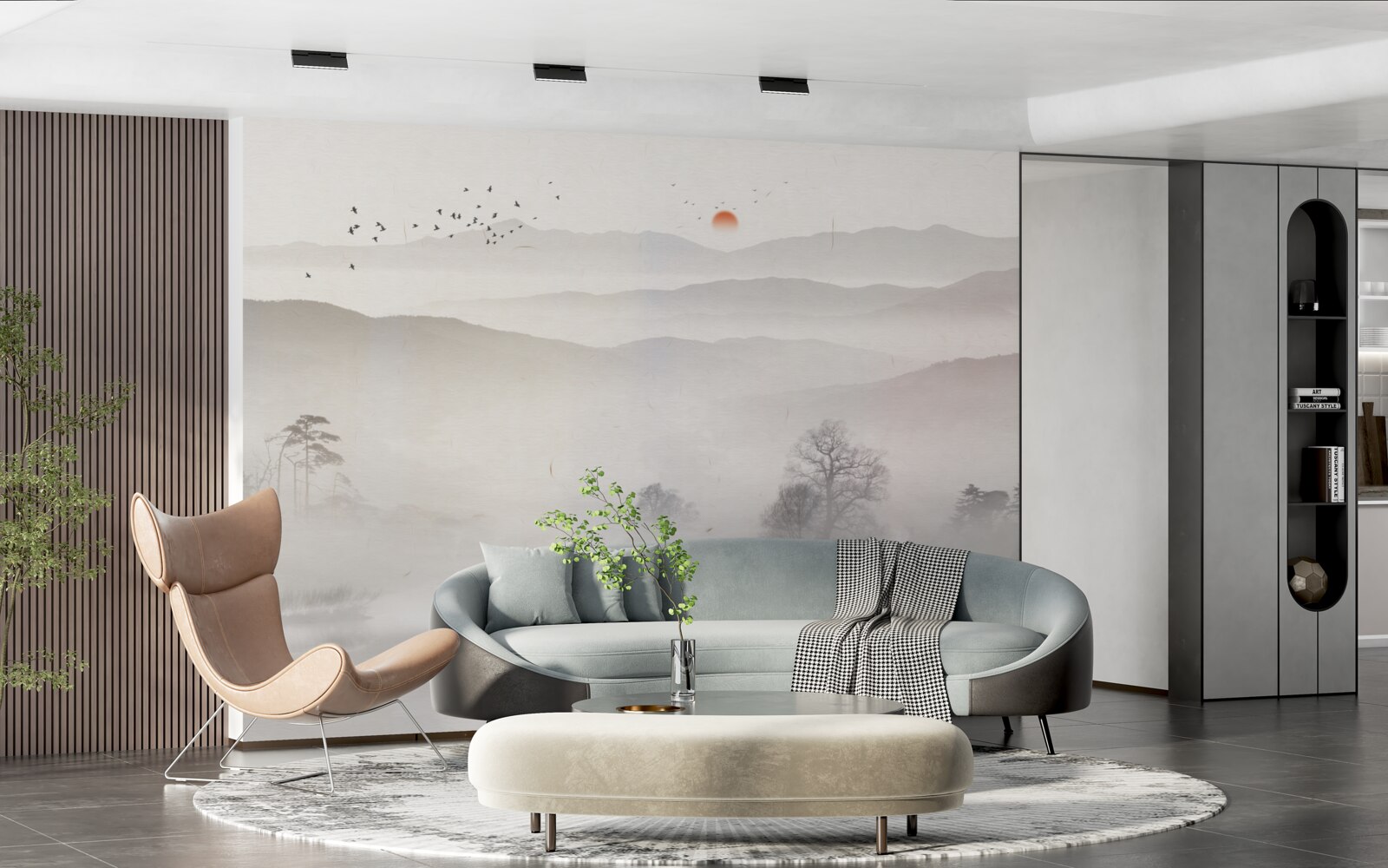 Fotobehang ochtendgloren en een eenzame man in een boot