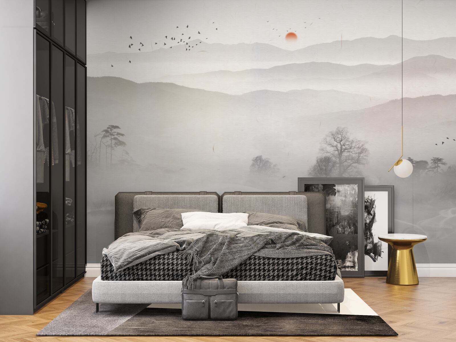 Fotobehang ochtendgloren en een eenzame man in een boot