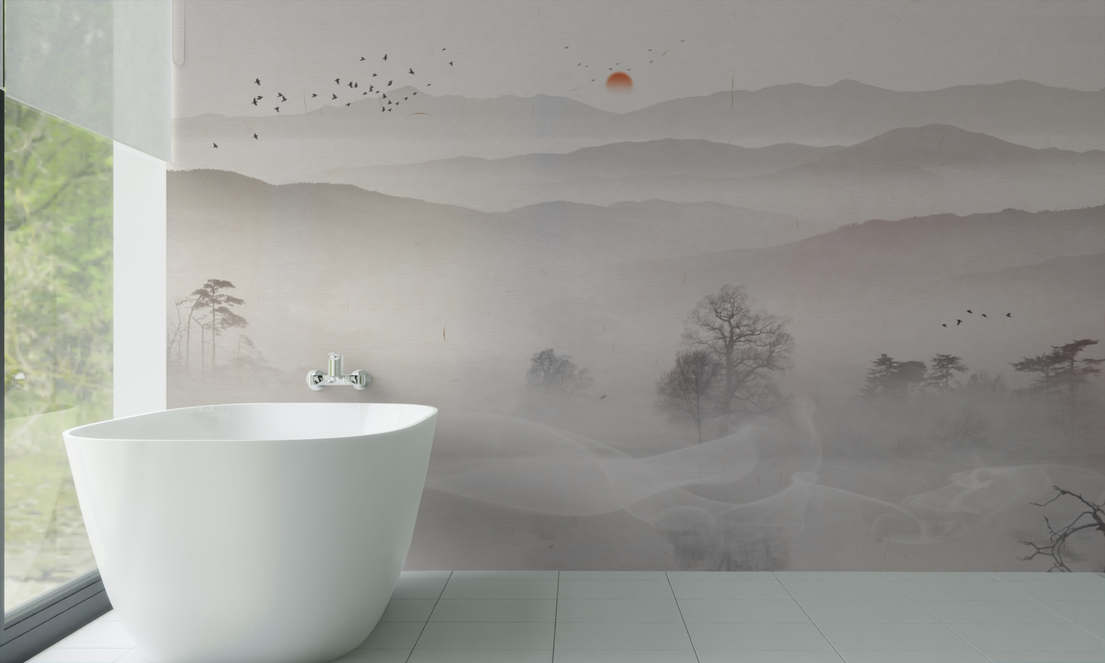 Fotobehang ochtendgloren en een eenzame man in een boot