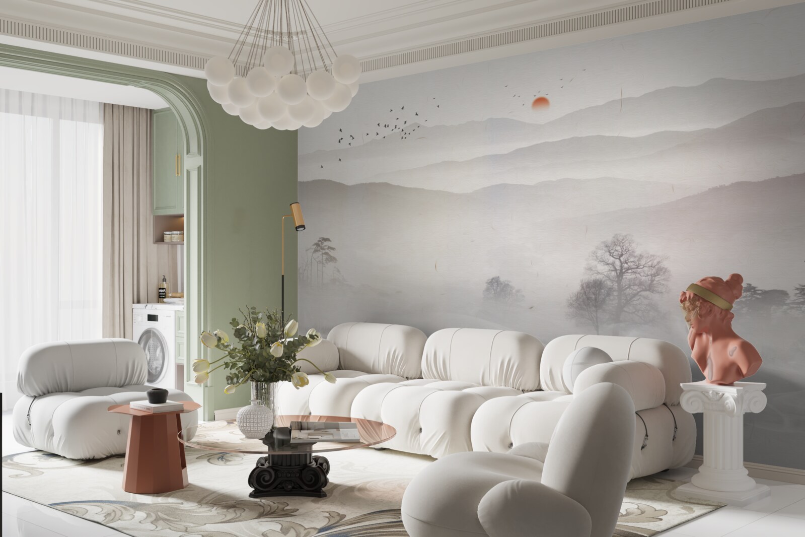 Fotobehang ochtendgloren en een eenzame man in een boot