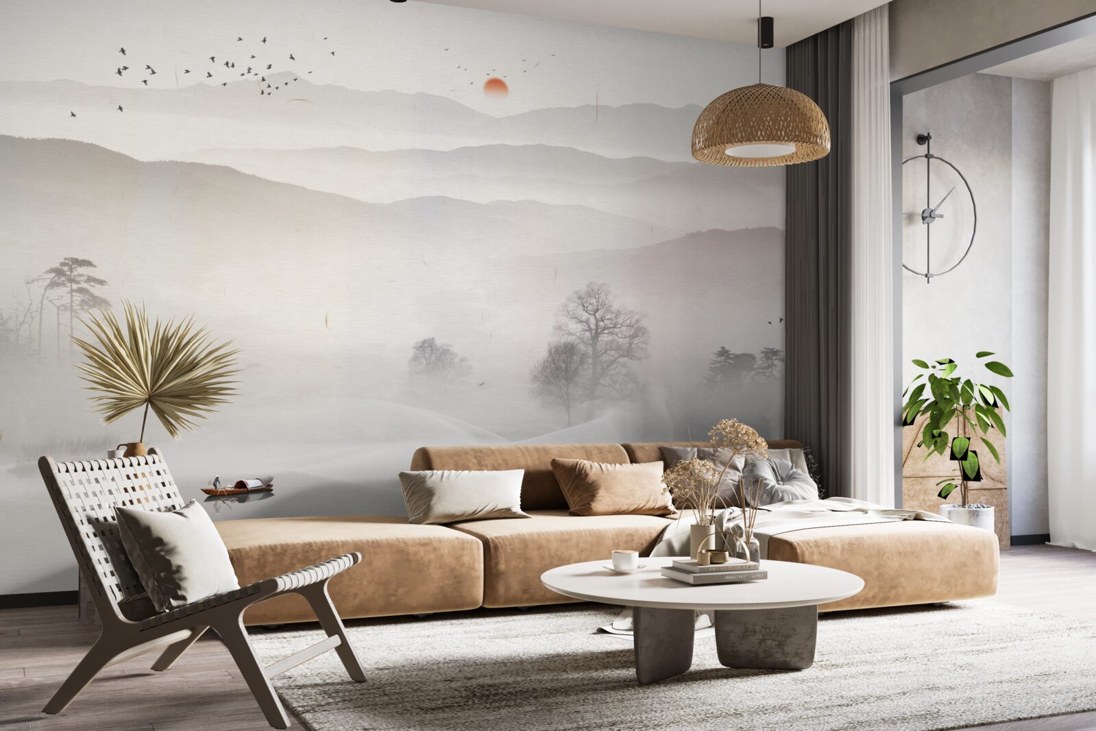 Fotobehang ochtendgloren en een eenzame man in een boot