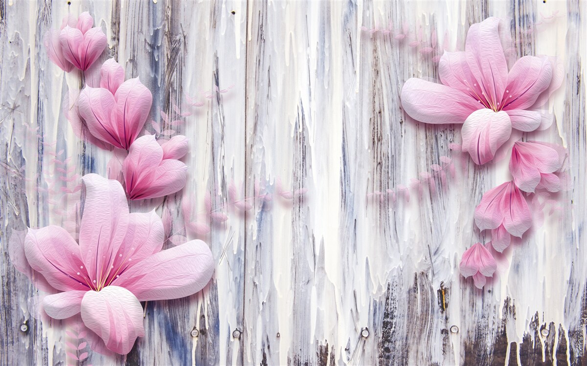 Fotobehang roze bloemen aan de muur in verschillende tinten