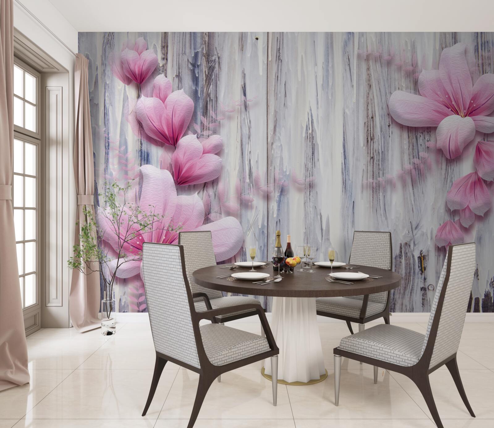 Fotobehang roze bloemen aan de muur in verschillende tinten