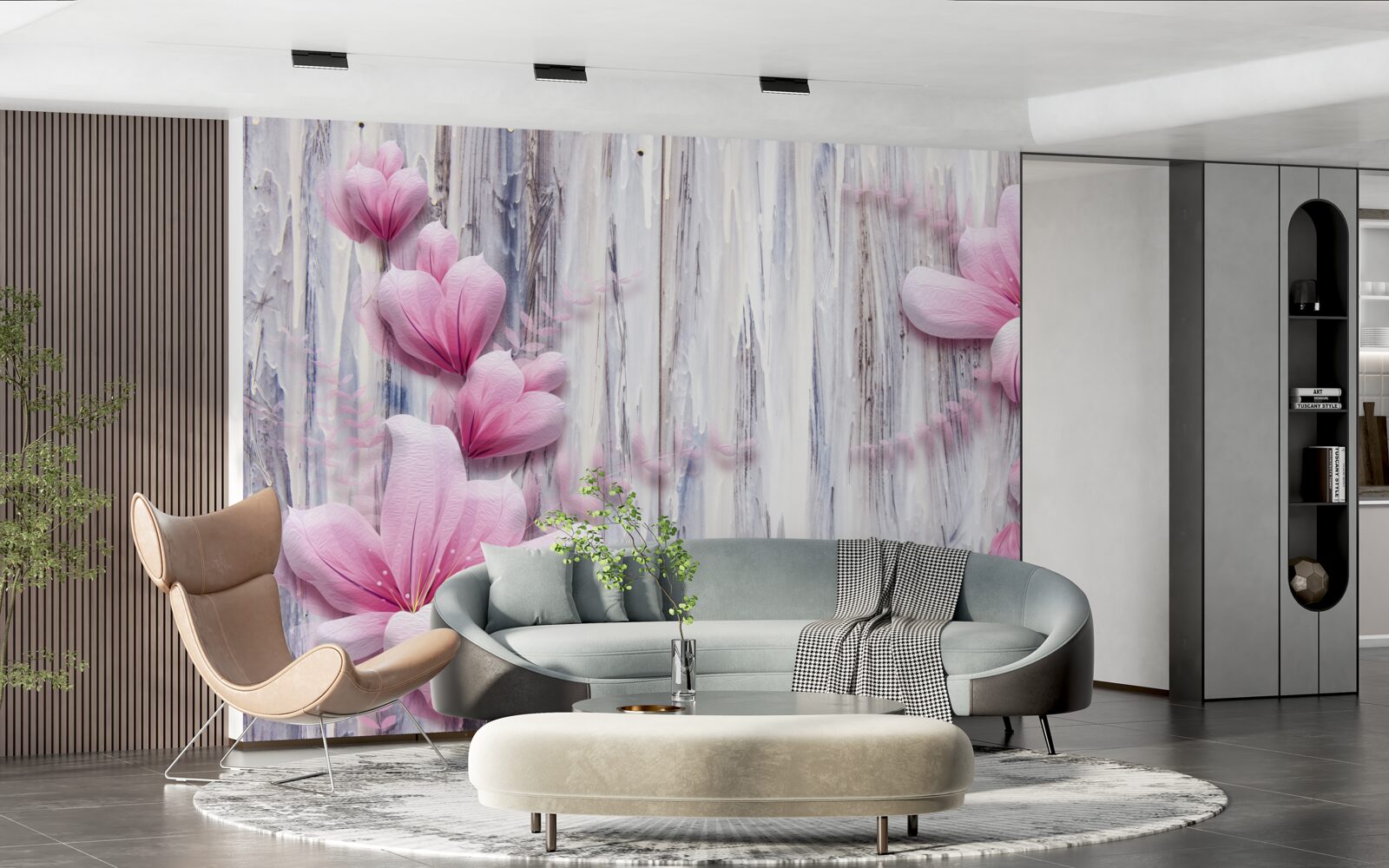 Fotobehang roze bloemen aan de muur in verschillende tinten