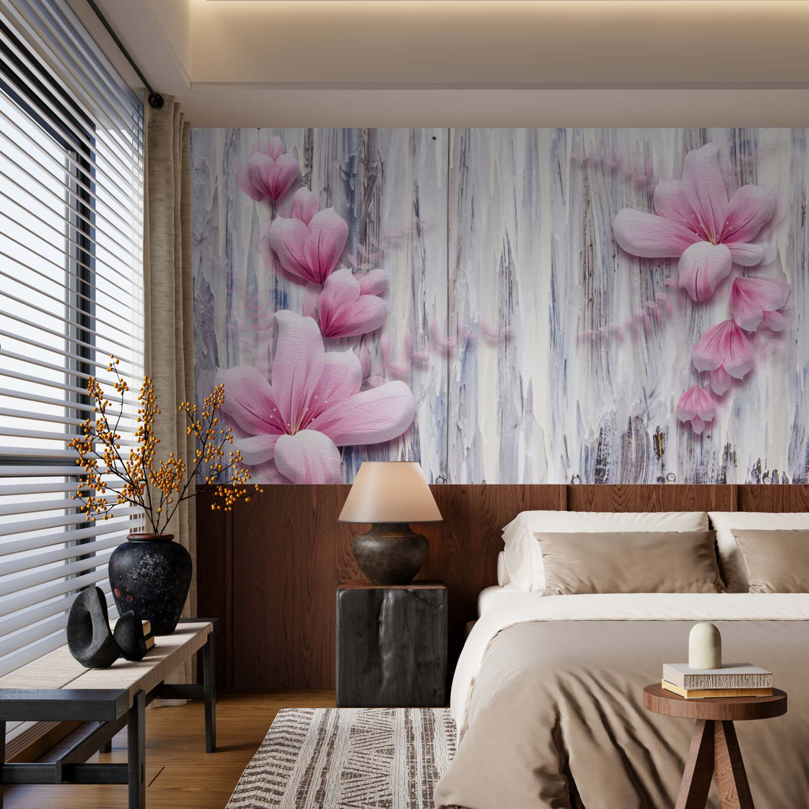 Fotobehang roze bloemen aan de muur in verschillende tinten