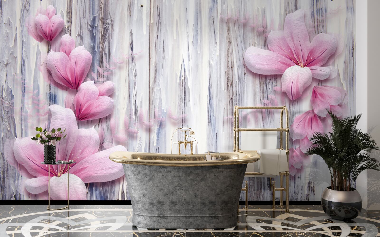 Fotobehang roze bloemen aan de muur in verschillende tinten