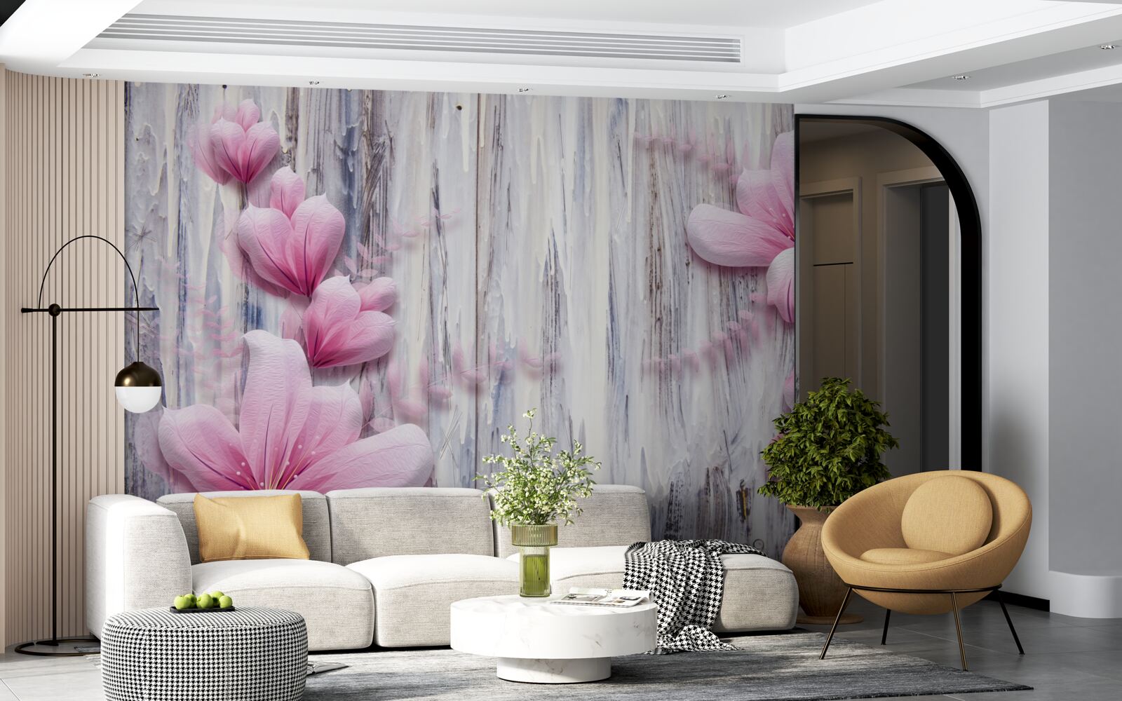 Fotobehang roze bloemen aan de muur in verschillende tinten