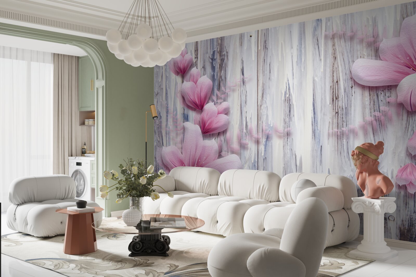 Fotobehang roze bloemen aan de muur in verschillende tinten