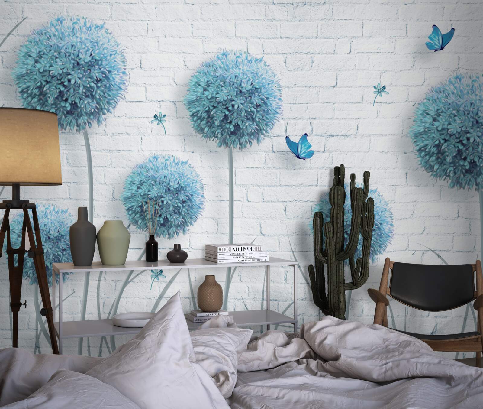 Fotobehang blauwe ronde bloemen op een witte muur